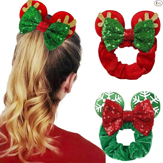 Paquete de 6 Coleteros con Orejas de Ratón, Lazos de Terciopelo con Lentejuelas Brillantes, Bandas Elásticas de Goma para Coletas, Lazos para el Cabello, Decoración para Fiesta de Navidad para Niños