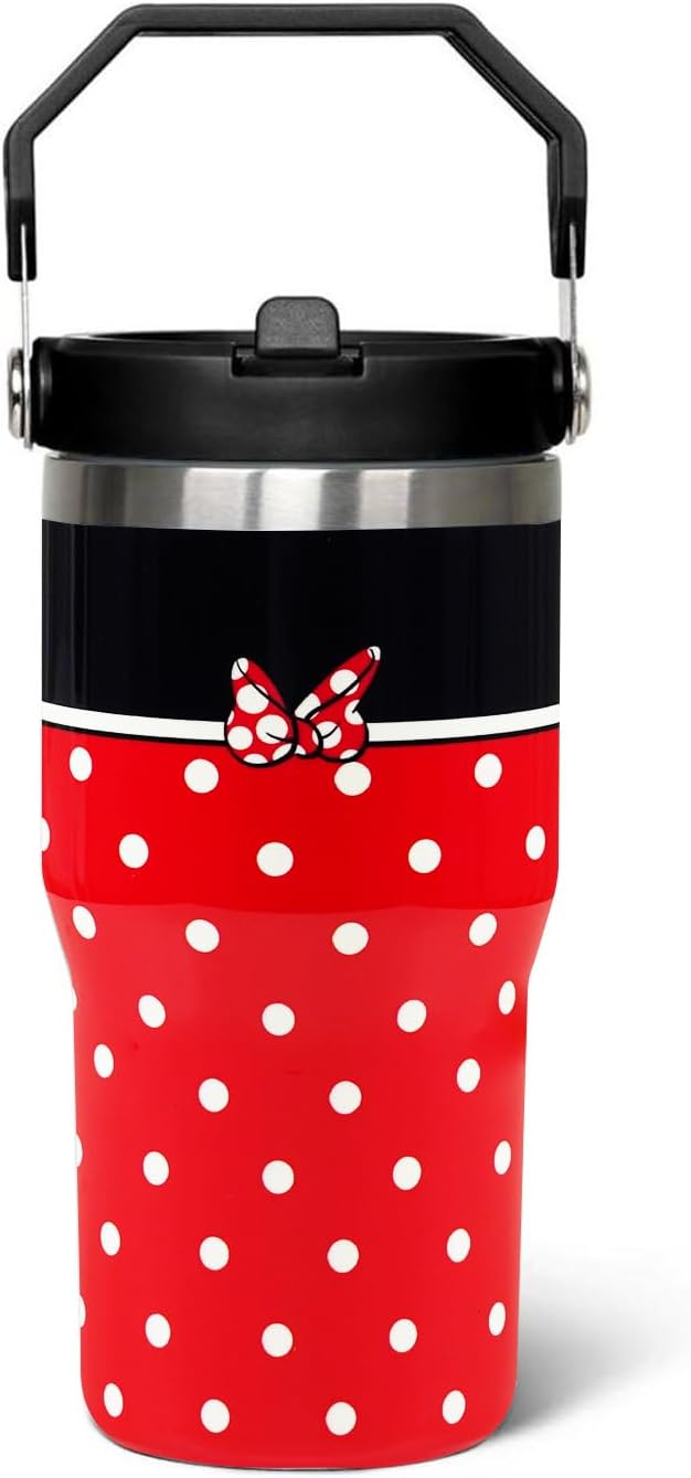 Taza de dibujos animados de ratón de 20 oz con tapa y popote abatible de acero inoxidable aislado con asa superior en la parte superior, color negro, taza de café para viajes - Regalo de