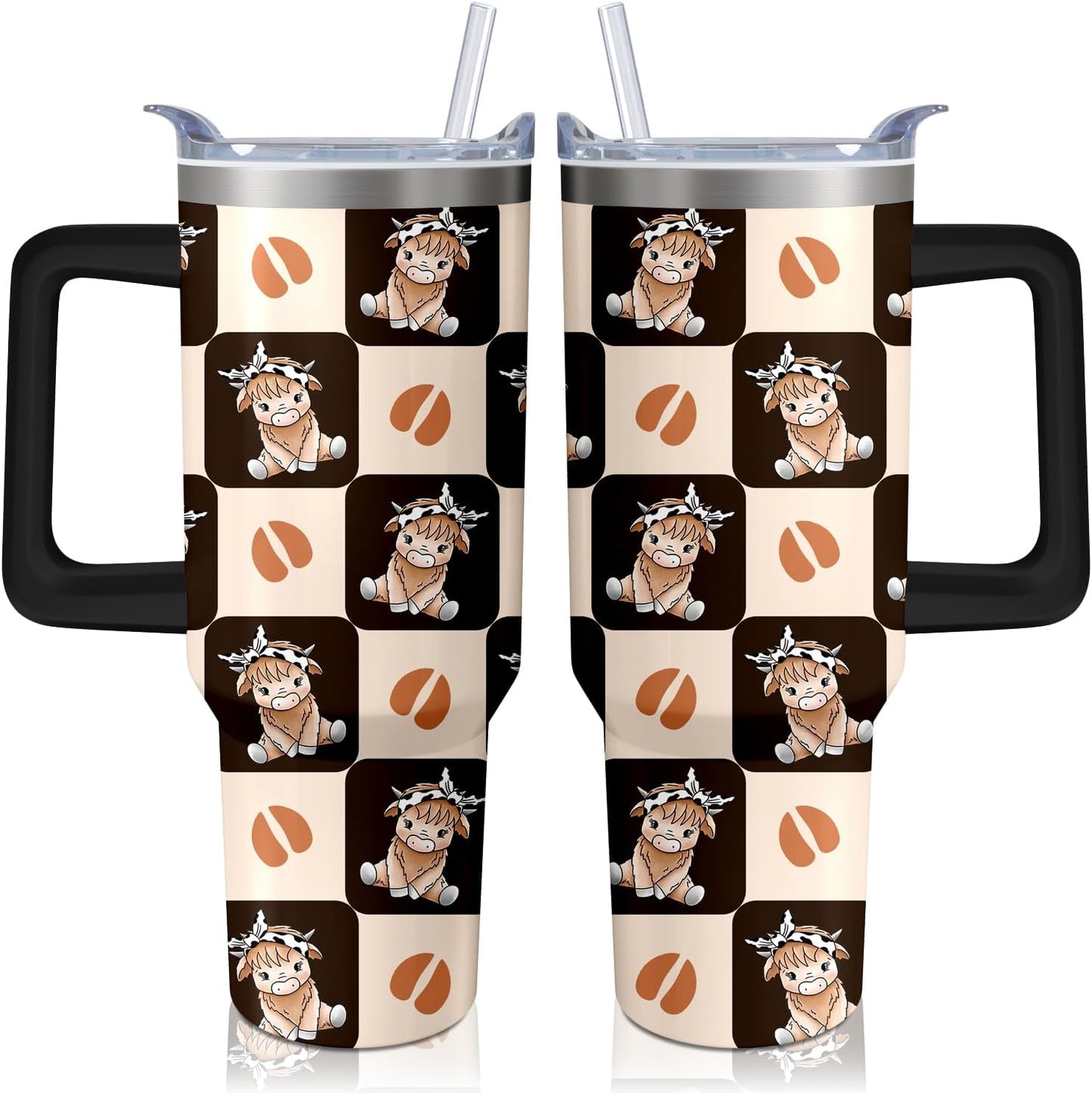 Vaso de rana de 40 onzas con asa y pajilla, taza aislada de acero inoxidable a cuadros búfalo con tapa, taza de café de viaje, botella de agua, regalos de cumpleaños para el día de la madre