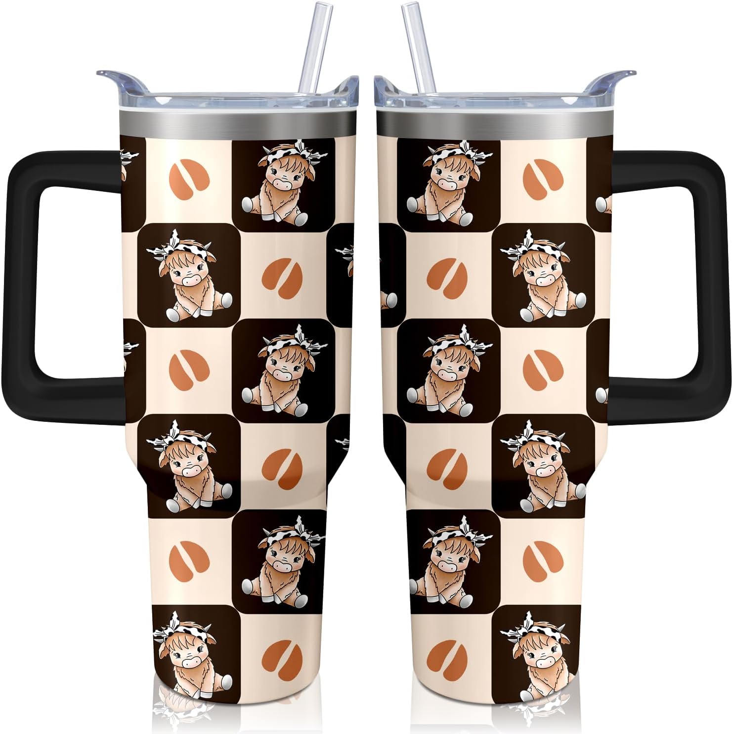 Vaso de rana de 40 onzas con asa y pajilla, taza aislada de acero inoxidable a cuadros búfalo con tapa, taza de café de viaje, botella de agua, regalos de cumpleaños para el día de la madre