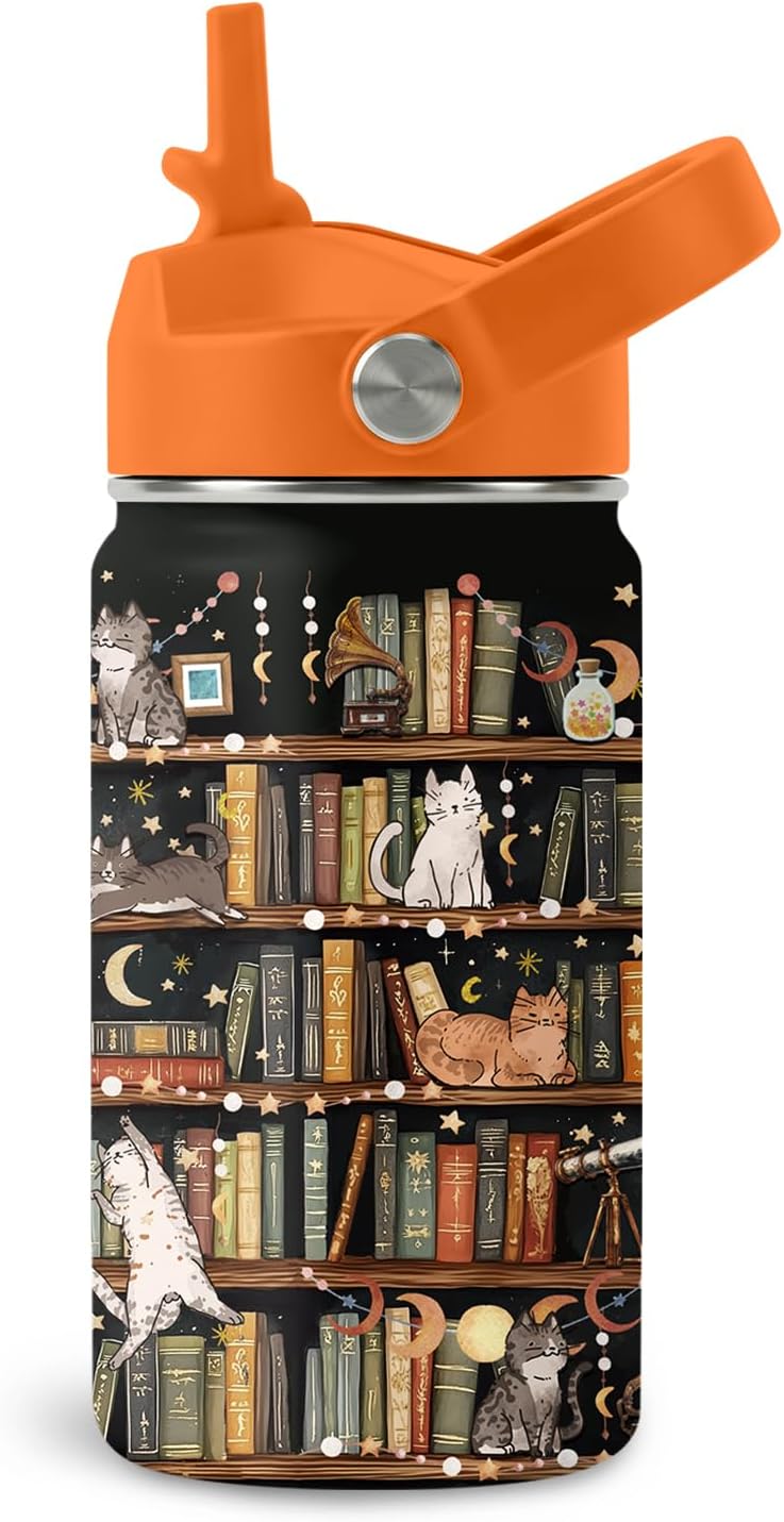 Botella de agua para gatos de 16 onzas con tapa de popote para amantes de los gatos, vaso aislado de acero inoxidable, a prueba de fugas, sin BPA, para viajes, deportes, taza de regalo de