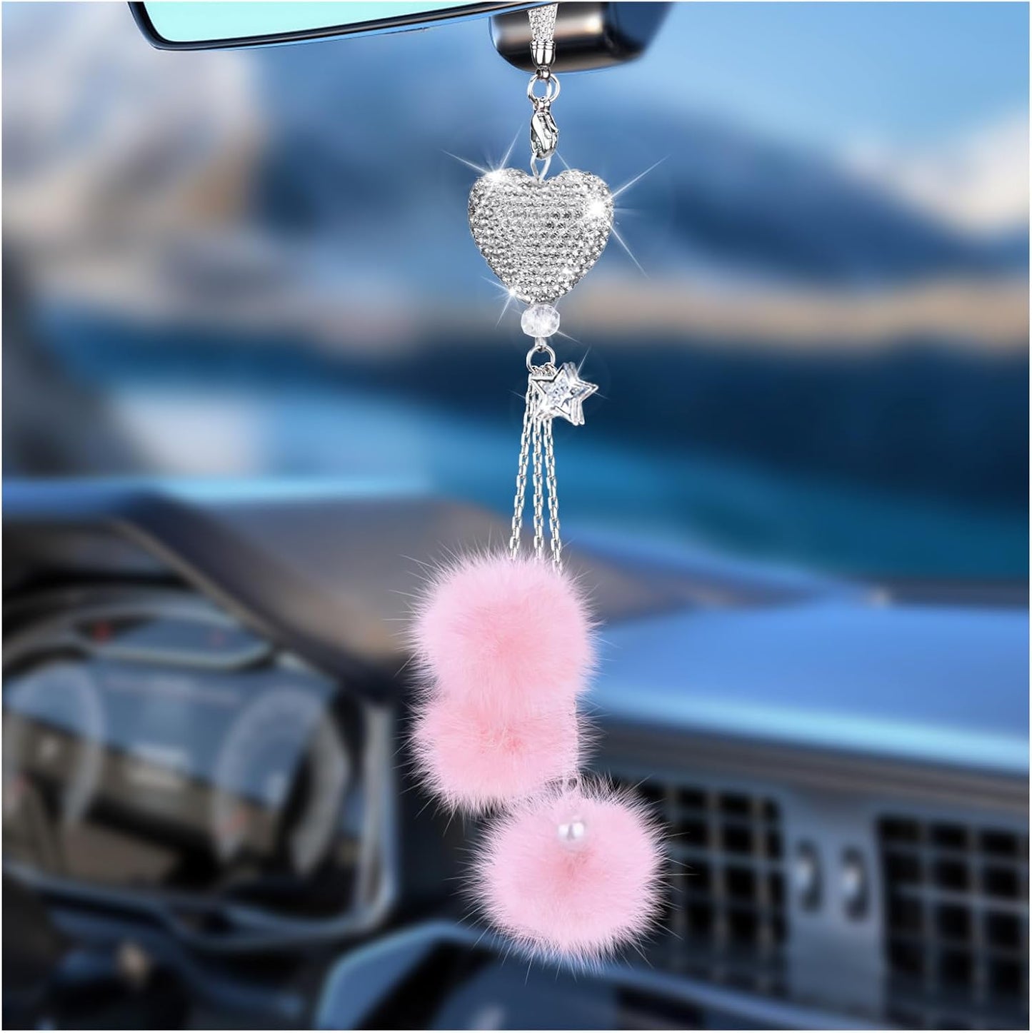 Adorno brillante para colgar en el automóvil, accesorios de espejo de automóvil para mujer, corazón de diamante y bola de felpa mullida, accesorios de automóvil para colgar, colgante para espejo