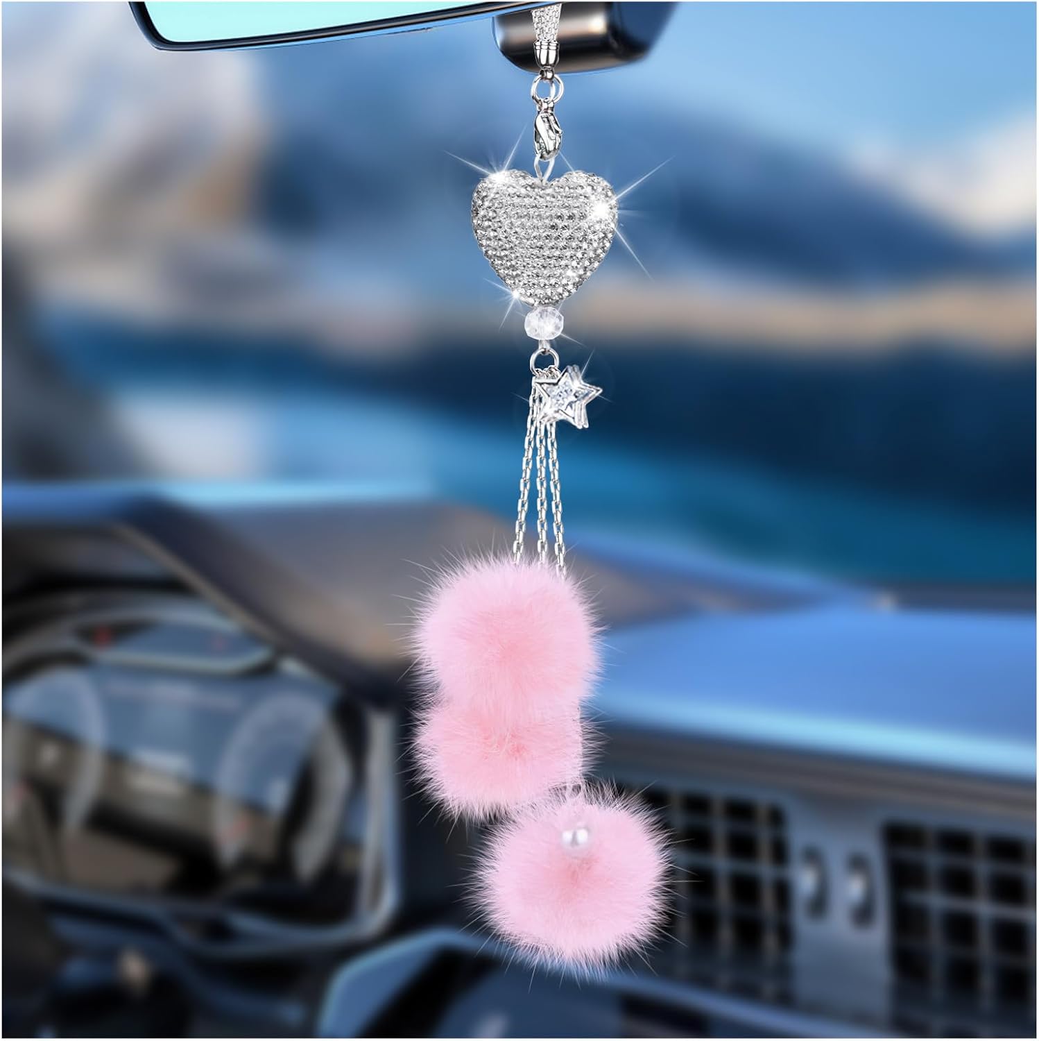Adorno brillante para colgar en el automóvil, accesorios de espejo de automóvil para mujer, corazón de diamante y bola de felpa mullida, accesorios de automóvil para colgar, colgante para espejo