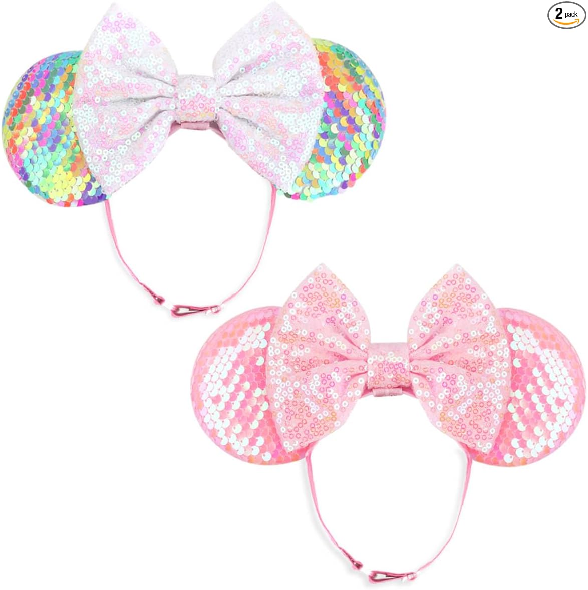 DRESHOW Minnie Ears Headbands Mouse Ears Sequins Bow Headbands Adjustable Elastic Headband Sequins Party Decoration Costume Cosplay for Women