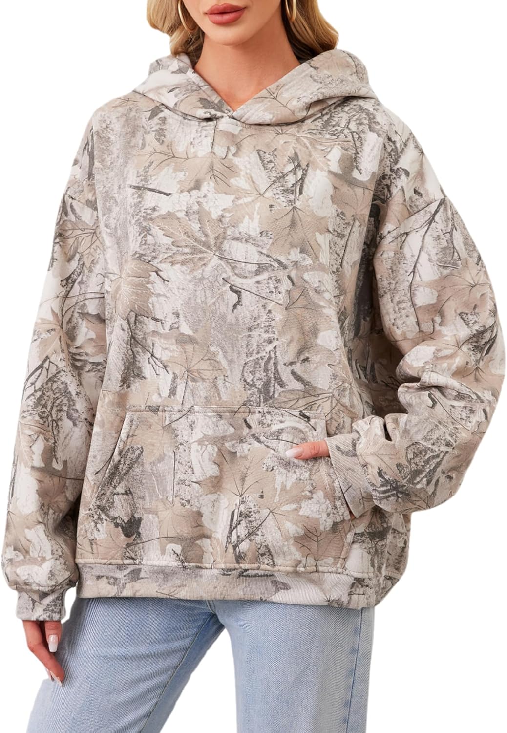 Anoumcy - Sudadera con capucha de camuflaje para mujer, con hoja de arce y forro de vellón, estilo holgado