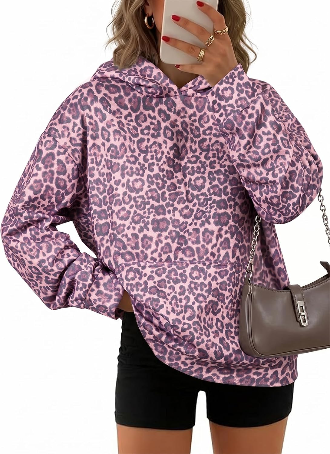 SHEWIN Sudaderas con capucha para mujer, manga larga, estampado de leopardo, sudadera con bolsillos, trajes de otoño para mujer 2026