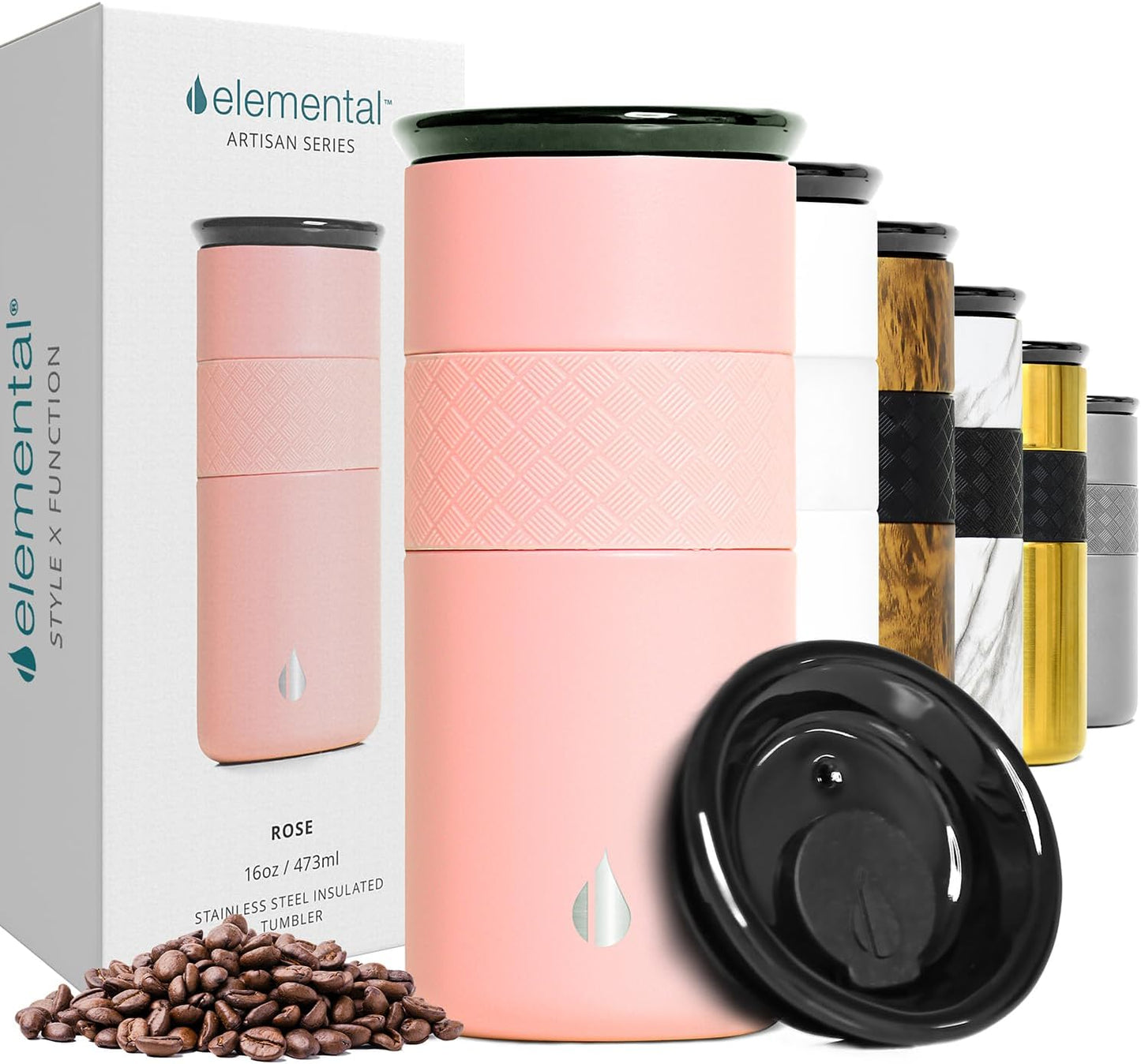Elemental Vaso aislado artesanal, taza de viaje para café de triple pared, reutilizable, de acero inoxidable, con tapa de cerámica, tazas de café térmicas para bebidas calientes (6 horas) y frías (18 horas), 16 onzas, flores azules