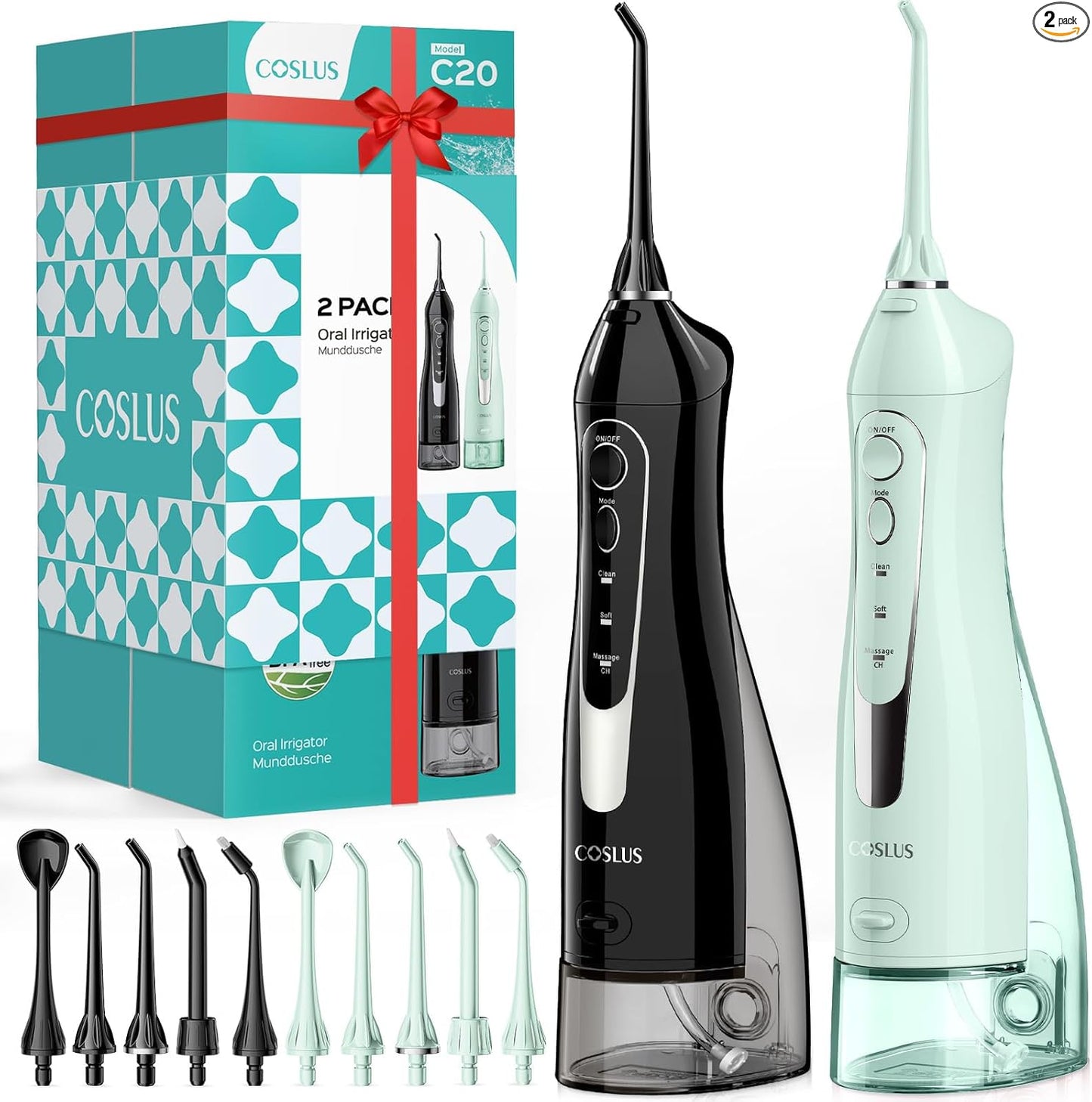 COSLUS ADA Accepted Water Dental Flosser Teeth Pick C20: Portable Cordless Oral Irrigator 300ML Rechargeable Travel Irrigation Cleaner IPX7 Waterproof Electric Flossing Machine, Professional Set Black