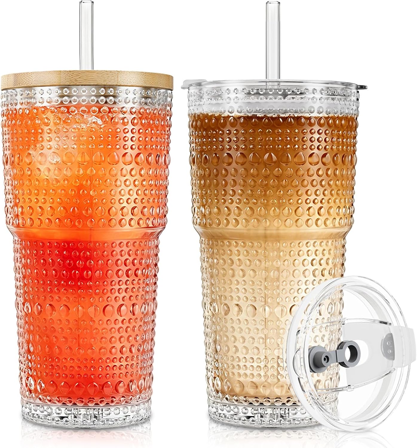 SoulTimes Juego de 2 vasos de vidrio acanalados y florales de 20 onzas, vasos de vidrio reutilizables con tapa y popote de vidrio, tazas de café helado para agua, batido, leche, cóctel y más, perfecto