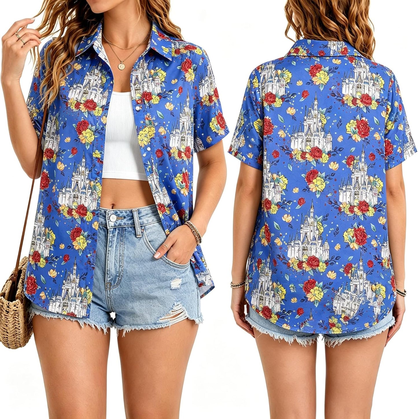 VILOVE Camisa mágica para mujer, camisas hawaianas mágicas de princesa, camiseta divertida con estampado de castillo, para vacaciones familiares, camisetas con botones