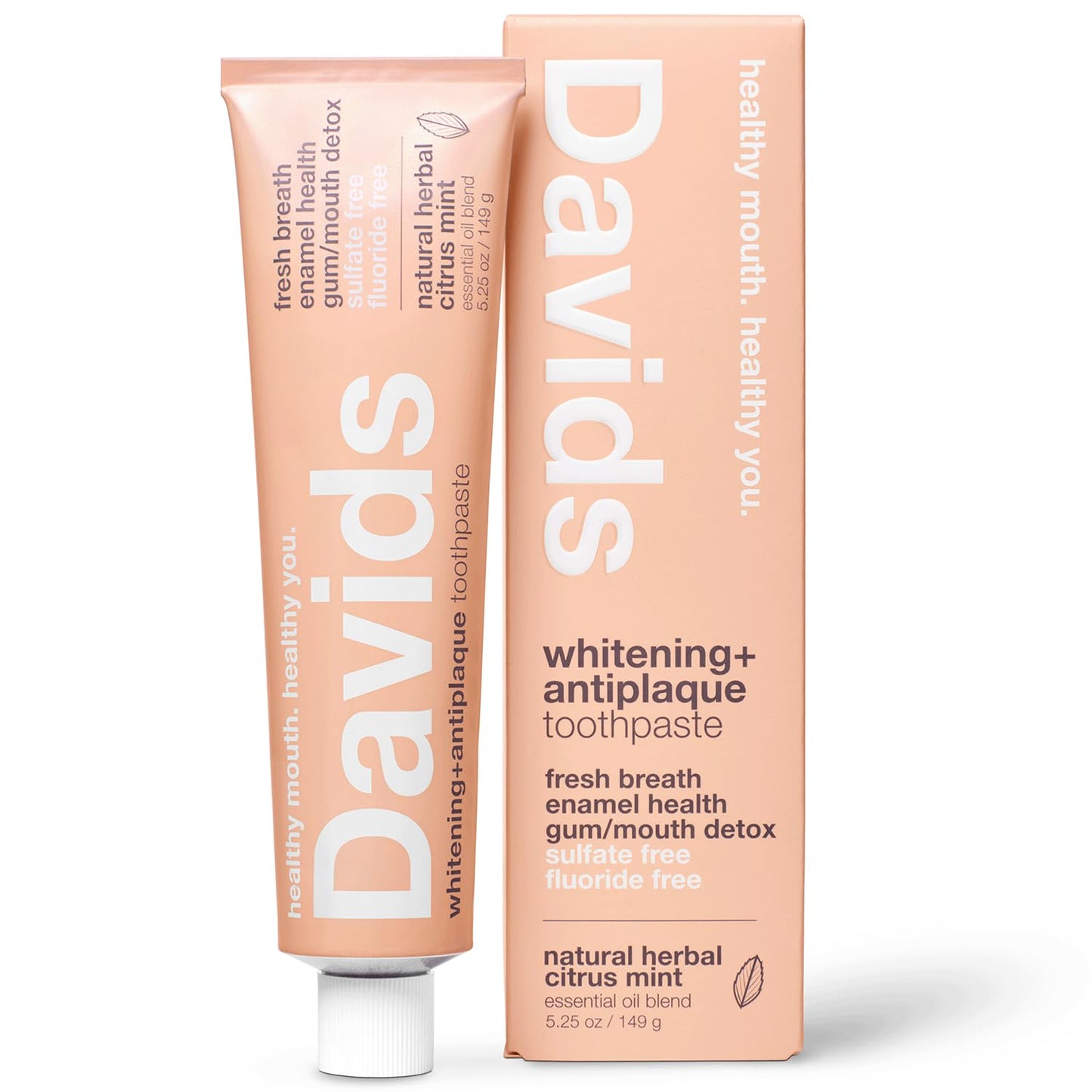 Davids Fluoride Free Toothpaste, Teeth Whitening, Antiplaque, SLS (Sulfate) Free, Promotes Enamel Health, Mouth & Gum Detox, EWG Verified, Peppermint, 5.25oz