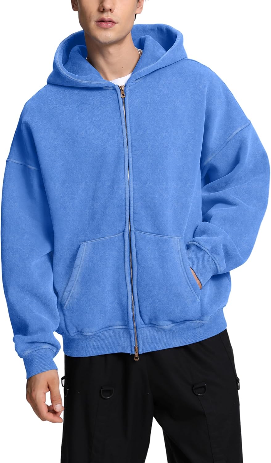 FAIABLE Sudadera con capucha y cremallera para hombre y mujer, de gran tamaño, con lavado ácido, pesada, de algodón, forro polar, con cremallera, estilo vintage