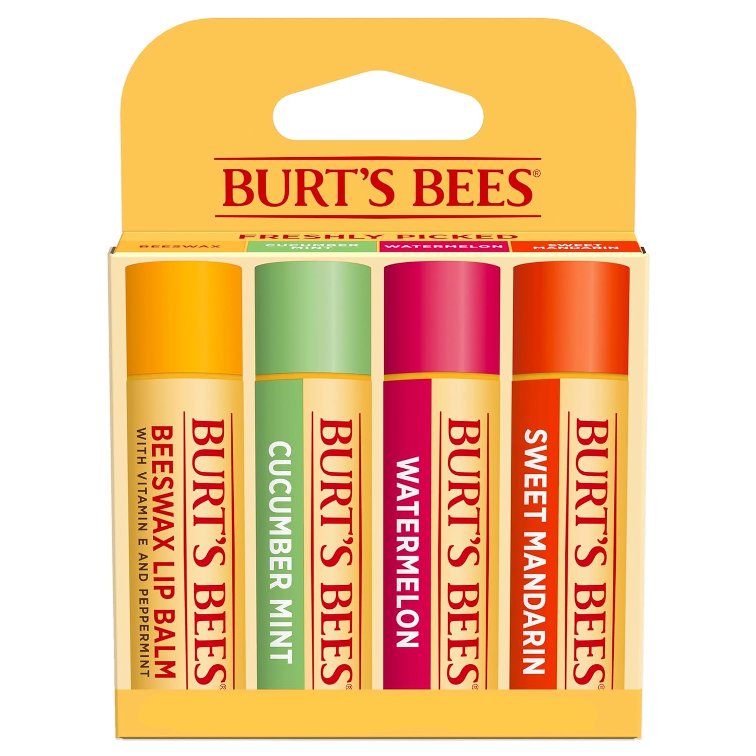 Burt's Bees - Bálsamo labial, protector labial hidratante, para hidratación durante todo el día, 100 % natural, Tropical, piña, bayas con agua fresca, fruta del dragón y coco y pera (paquete de 4)