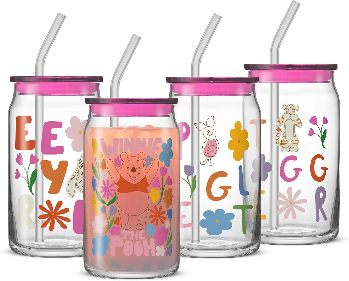 JoyJolt Tazas de vidrio con íconos de princesas Disney con tapas y popotes, tazas de vidrio de 16 oz con tapas y popotes con las princesas Jasmine, Ariel, Cenicienta y Bella, 4 piezas de vasos con