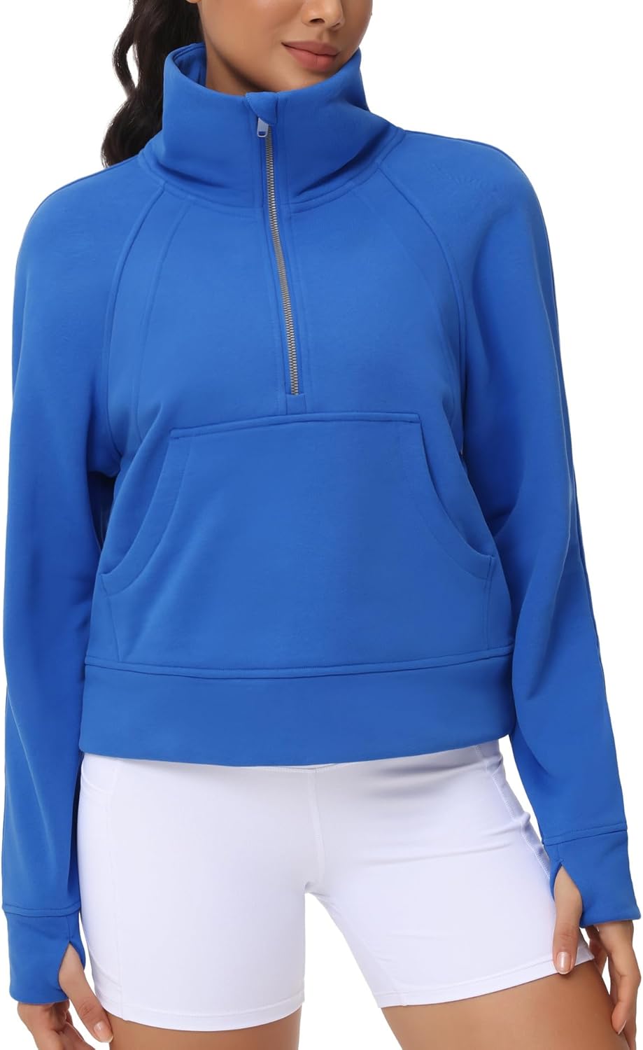 THE GYM PEOPLE Sudadera corta de forro polar con media cremallera para mujer con bolsillos y agujero para el pulgar | Crop sweatshirt with thumb hole, Functional pockets, Fleece Lined, Half zip sweatshirt for work, travel