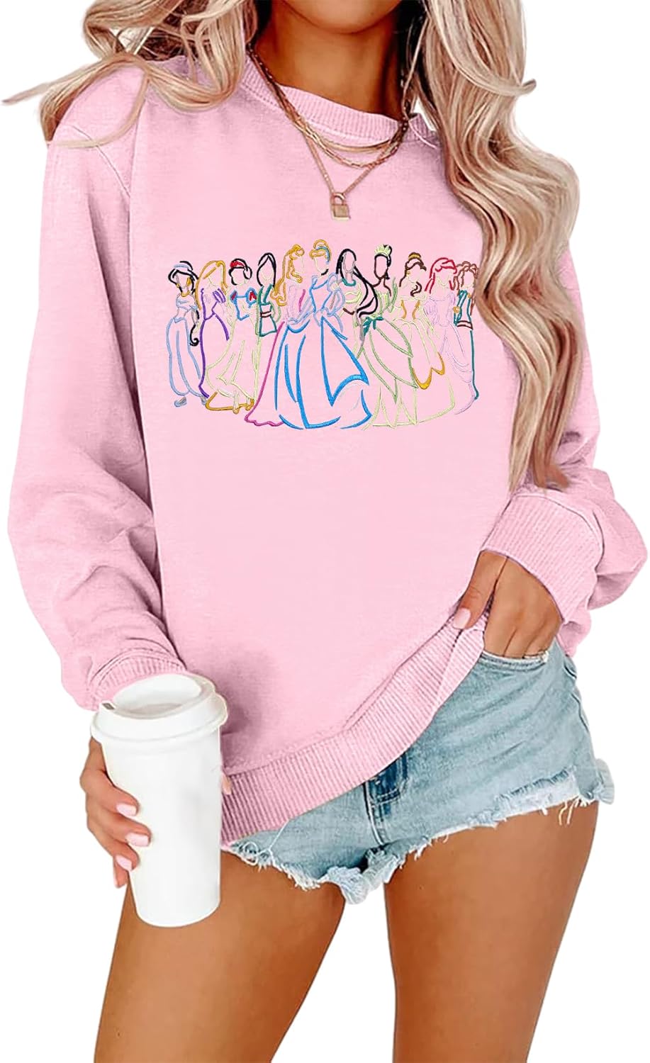 BANGELY Sudadera mágica para mujer, lindo suéter de princesa mágica bordado, camisa de vacaciones para la familia, camiseta casual de manga larga
