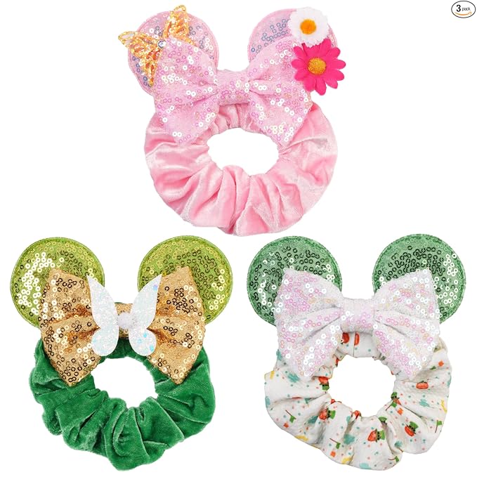 Coleteros de Cabello de Terciopelo con Lentejuelas Brillantes y Lazos de Orejas de Ratón - Paquete de 4 Accesorios Elásticos para el Cabello para Mujeres, Niñas, Niños, Cosplay, Vacaciones, Fotografía
