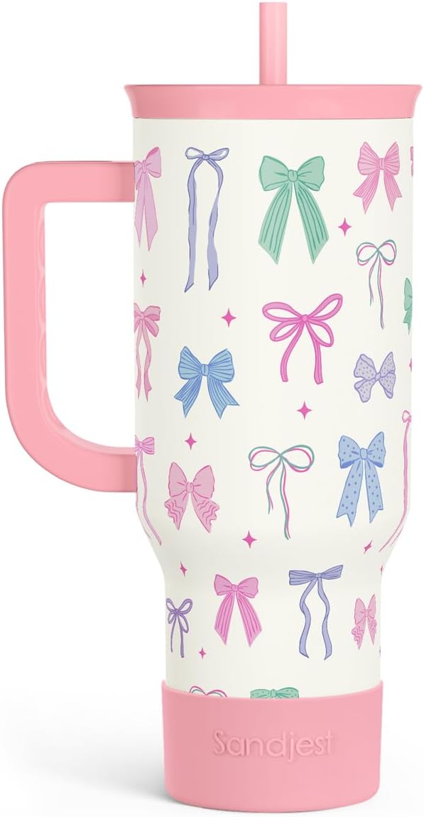 SANDJEST Vaso de 40 onzas con asa y pajilla, taza de café de viaje de acero inoxidable aislado para mujeres, niñas, amantes de la playa, idea de regalo para cumpleaños, Navidad, día de la madre, vacaciones de verano (color)