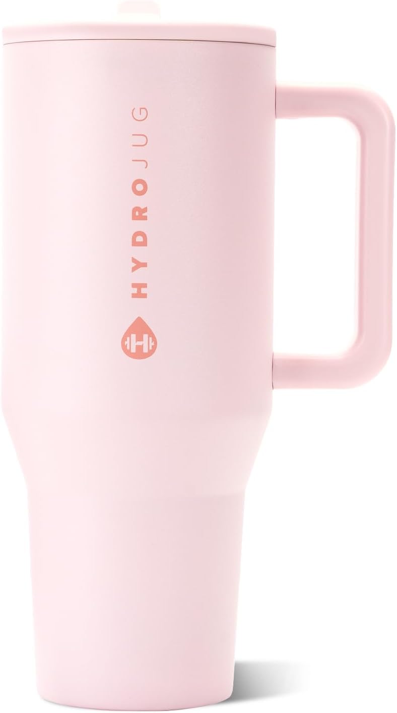 HydroJug Traveler - Botella de agua 32 oz con asa y pajilla abatible, apto para soporte para vasos, resistente a fugas, reutilizable, aislado, acero inoxidable y base de goma, unisex, rosado arena