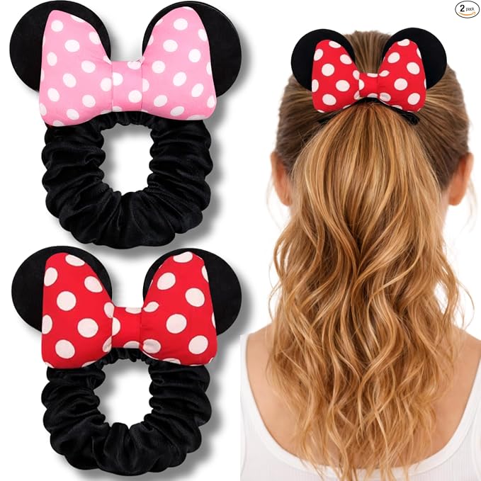 Styla Hair Paquete de 2 coleteros de ratón para niños, de terciopelo, con lentejuelas brillantes, para cola de caballo (rojo y negro)