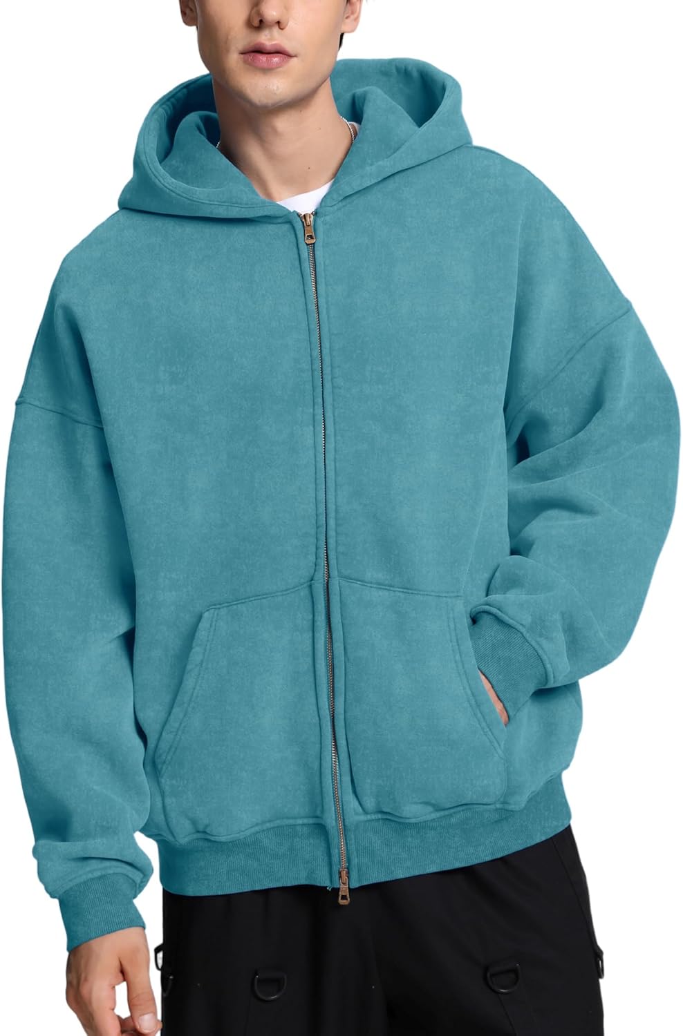 FAIABLE Sudadera con capucha y cremallera para hombre y mujer, de gran tamaño, con lavado ácido, pesada, de algodón, forro polar, con cremallera, estilo vintage