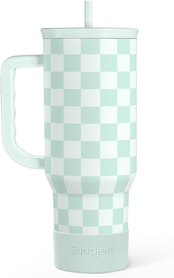 SANDJEST Vaso de 40 onzas con asa y pajilla, taza de café de viaje de acero inoxidable aislado para mujeres, niñas, amantes de la playa, idea de regalo para cumpleaños, Navidad, día de la madre, vacaciones de verano (color)