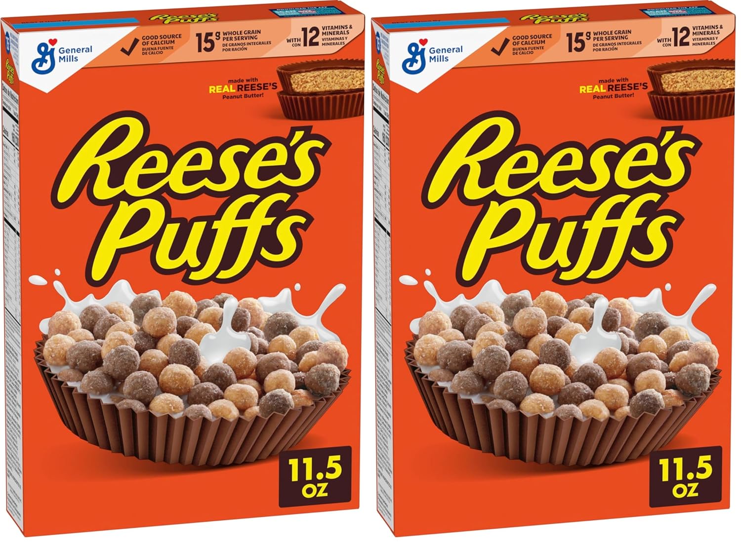 Reese's Puffs, Cereal de mantequilla de maní con chocolate, caja de 11.5 onzas (paquete de 2)