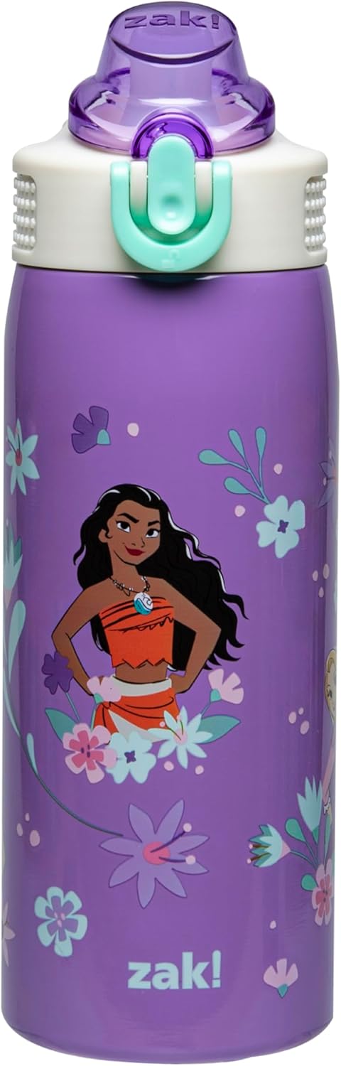 Zak Designs Disney Sage - Botella de agua para niños para la escuela o viajes, botella de agua de acero inoxidable de 19 onzas con pajita, asa y tapa de boquilla desplegable a prueba de fugas (Stitch)