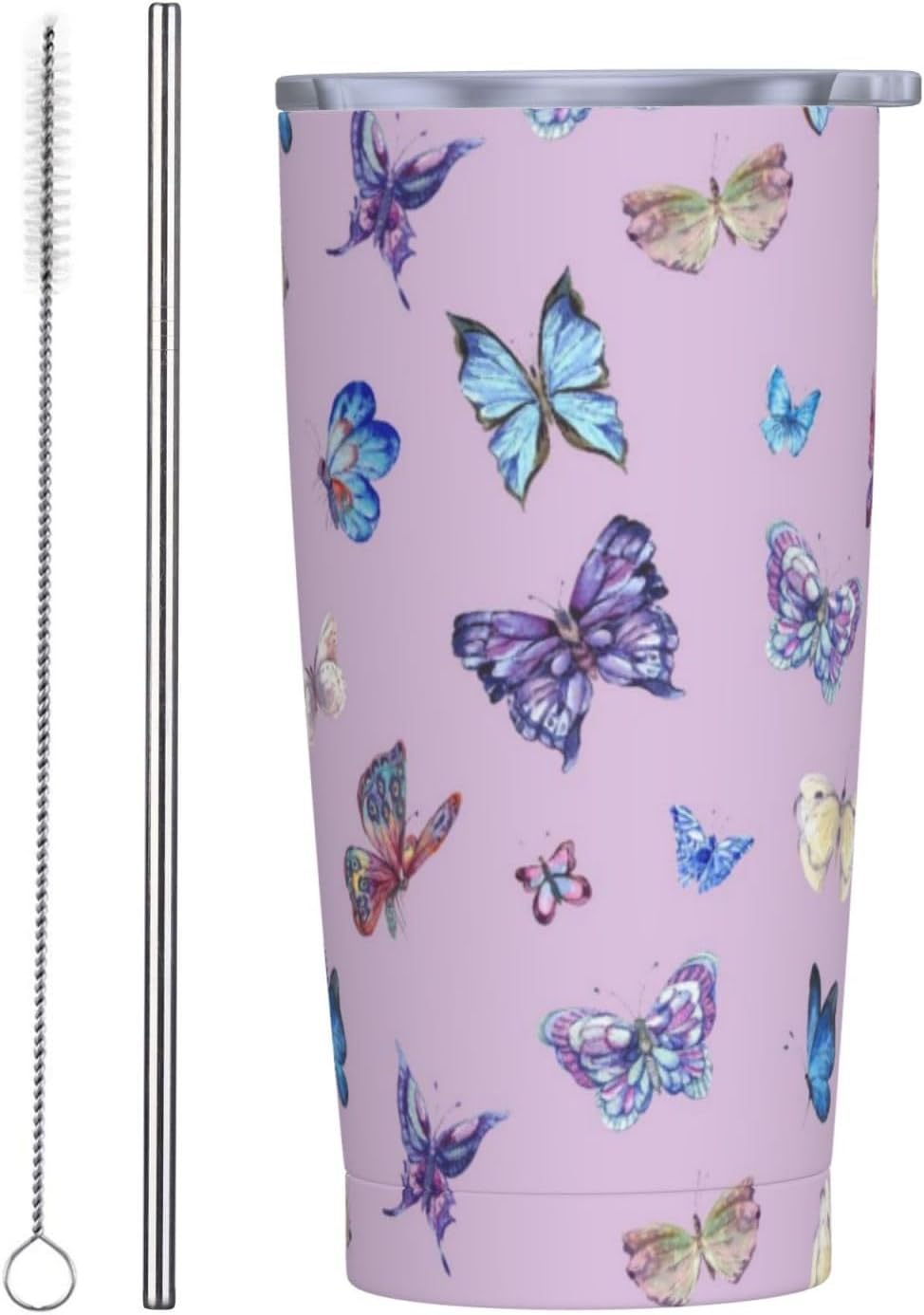 Vaso de mariposa púrpura con tapa y popote, taza de viaje aislada de acero inoxidable de 20 onzas, botella de agua caliente y fría, recuerdo de mariposa azul para hombres y mujeres