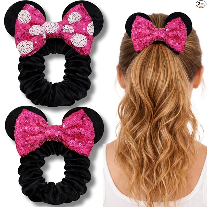 Styla Hair Paquete de 2 coleteros de ratón para niños, de terciopelo, con lentejuelas brillantes, para cola de caballo (rojo y negro)