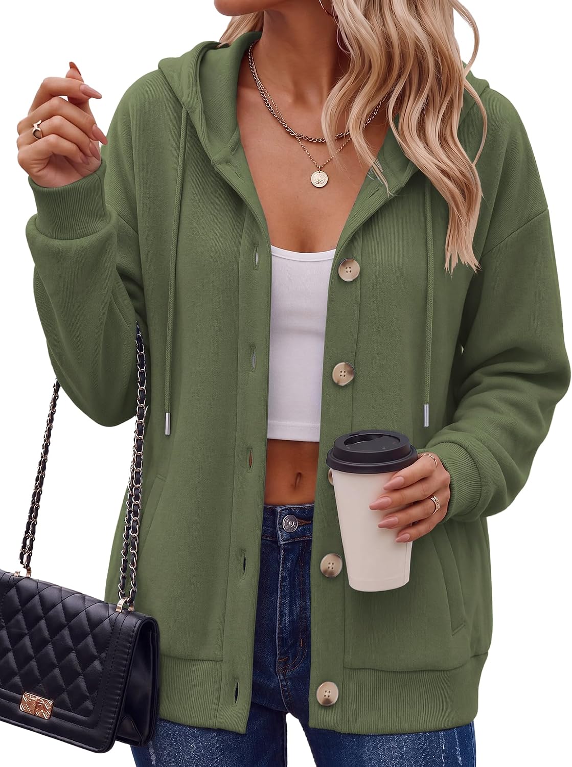 Zeagoo Sudadera con capucha para mujer, de gran tamaño, con botones, con bolsillos, cómodas chaquetas de forro polar, a la moda, S-3XL