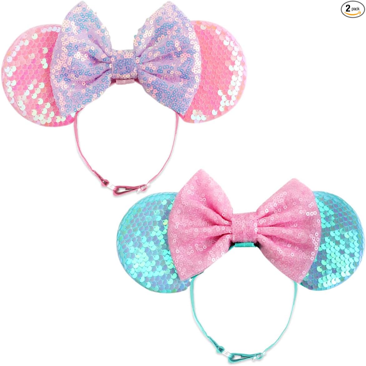 DRESHOW Minnie Ears Headbands Mouse Ears Sequins Bow Headbands Adjustable Elastic Headband Sequins Party Decoration Costume Cosplay for Women