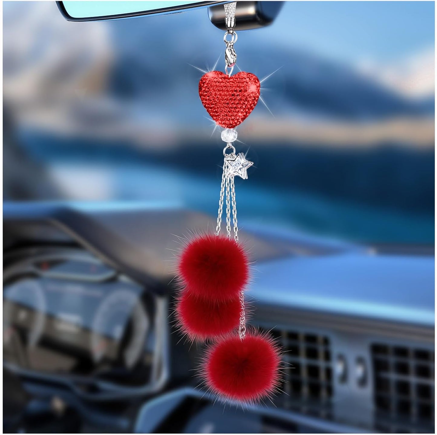 Adorno brillante para colgar en el automóvil, accesorios de espejo de automóvil para mujer, corazón de diamante y bola de felpa mullida, accesorios de automóvil para colgar, colgante para espejo