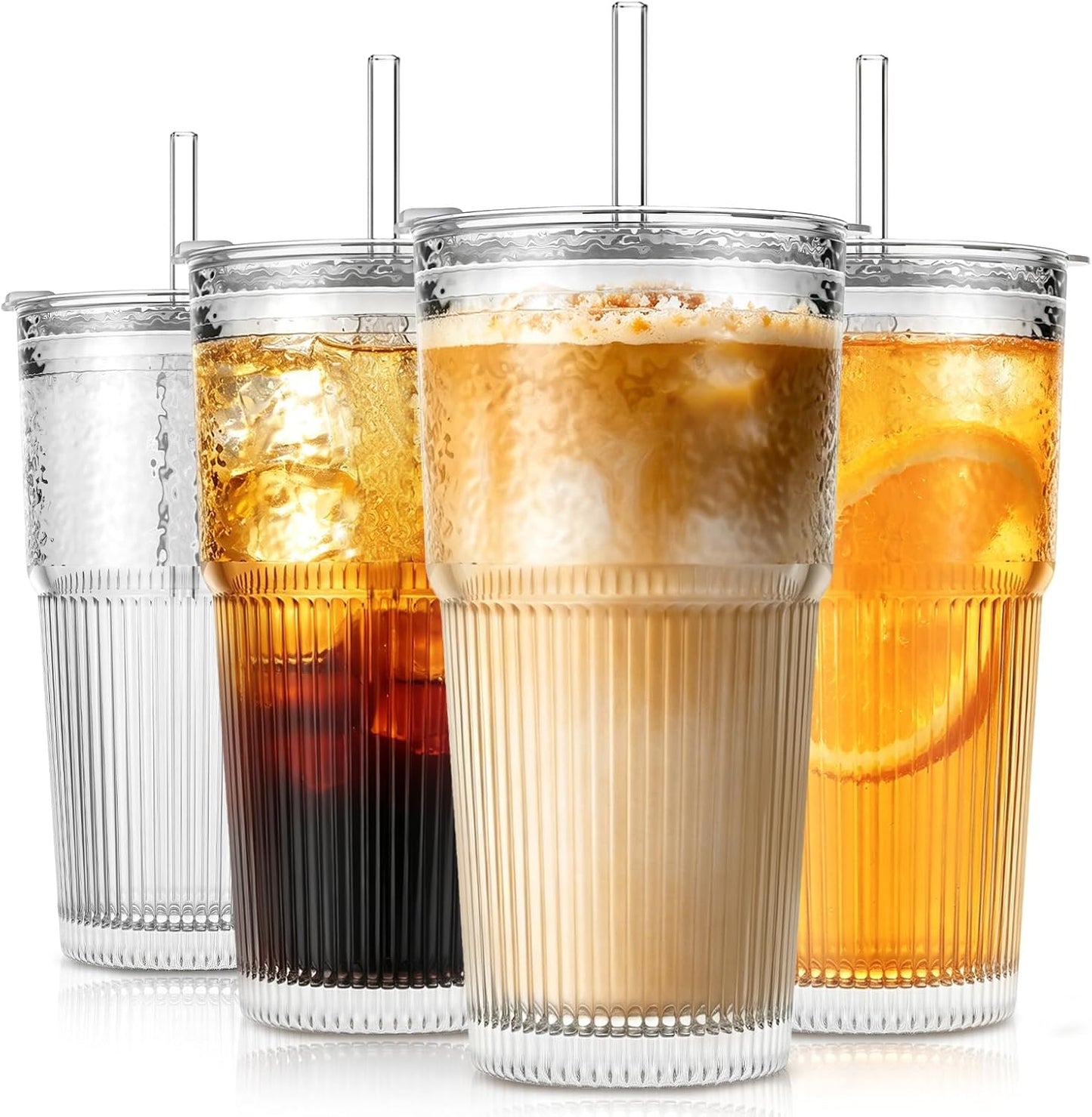 SoulTimes Juego de 2 vasos de vidrio acanalados y florales de 20 onzas, vasos de vidrio reutilizables con tapa y popote de vidrio, tazas de café helado para agua, batido, leche, cóctel y más, perfecto