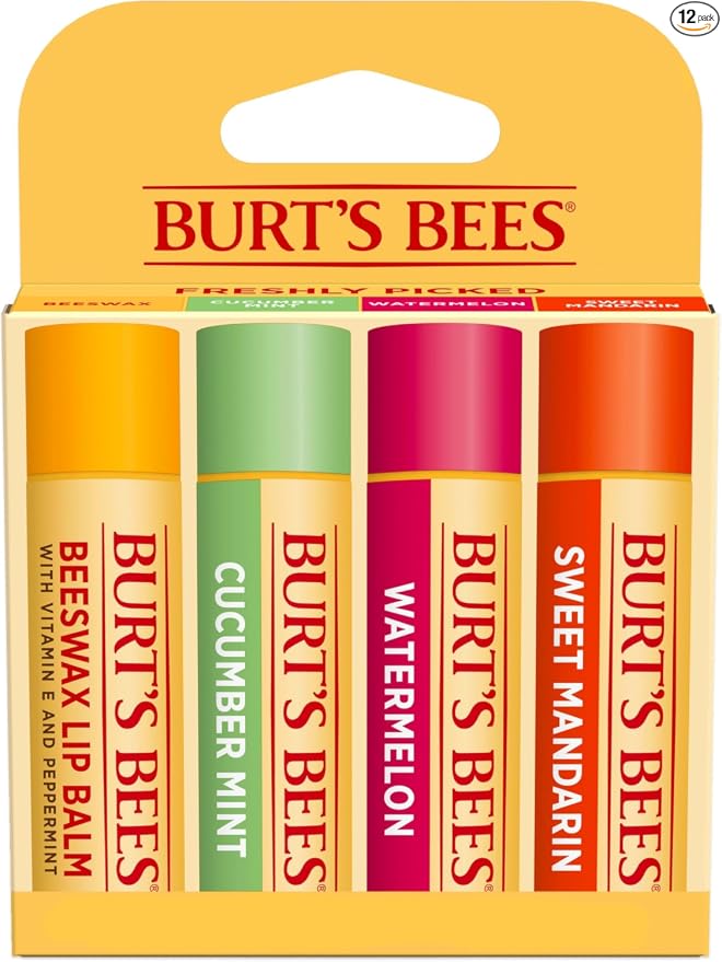 Burt's Bees - Bálsamo labial, protector labial hidratante, para hidratación durante todo el día, 100 % natural, Tropical, piña, bayas con agua fresca, fruta del dragón y coco y pera (paquete de 4)