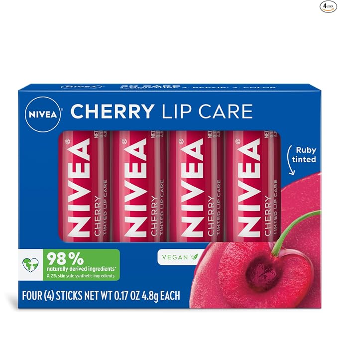 NIVEA Lip Care, Paquete Variado de Bálsamo Labial Tintado Frutal, Sabores a Cereza, Fresa, Mora y Sandía, Humedad, Reparación y Color 3-en-1, Barra de 0.17 Oz, Paquete de 4