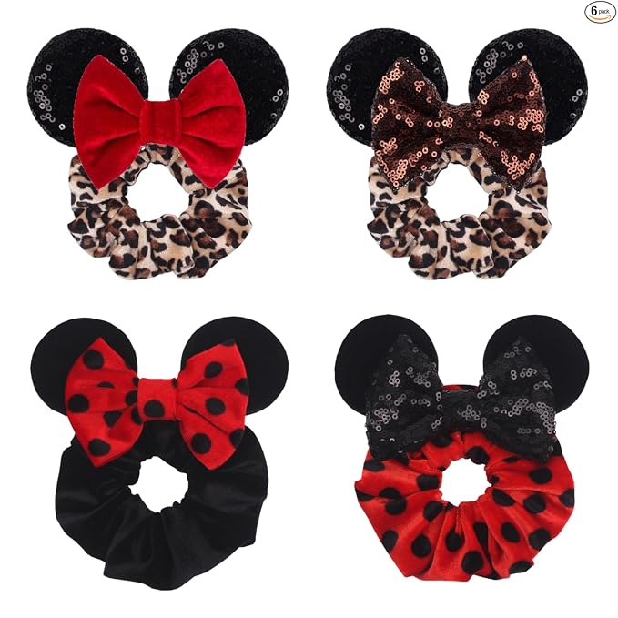 Coleteros de Cabello de Terciopelo con Lentejuelas Brillantes y Lazos de Orejas de Ratón - Paquete de 4 Accesorios Elásticos para el Cabello para Mujeres, Niñas, Niños, Cosplay, Vacaciones, Fotografía