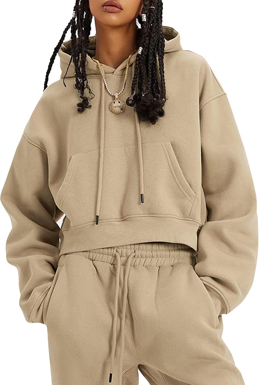 Flygo Conjunto deportivo de 2 piezas de forro polar para mujer, sudadera corta, sudadera y pantalones deportivos