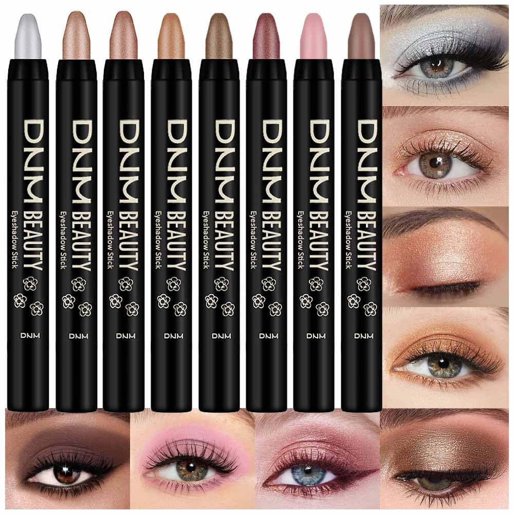 Juego de 8 piezas de barras iluminadoras de sombra de ojos en crema, champán perla gris topo bronce cacao piedra masilla amatista ahumada con brillo mate, lápiz delineador de ojos, barra aplicadora