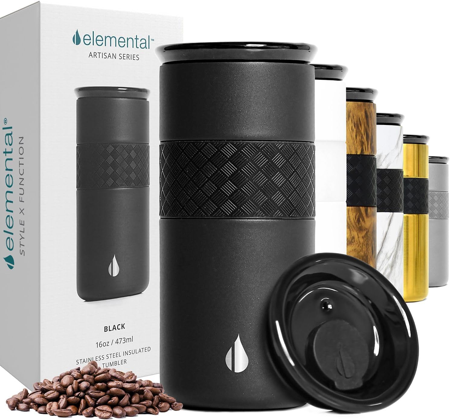 Elemental Vaso aislado artesanal, taza de viaje para café de triple pared, reutilizable, de acero inoxidable, con tapa de cerámica, tazas de café térmicas para bebidas calientes (6 horas) y frías (18 horas), 16 onzas, flores azules