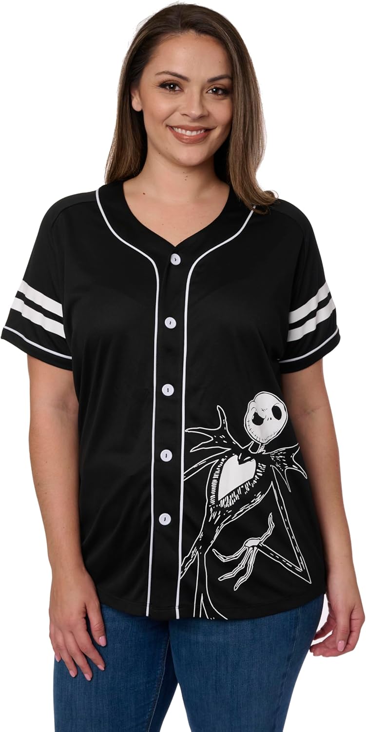Disney Mickey Mouse Stitch Jack Skellington - Camiseta para mujer, con botones frontales, talla grande