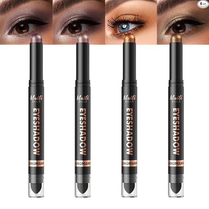 LANGMANNI 8Colors Dual-Ended Cream Eyeshadow Stick Set – Silky Smooth, Waterproof & Transfer-Proof, Built-in Blender Brush, All-Day Matte & Shimmer Wear Eye Makeup(#A)