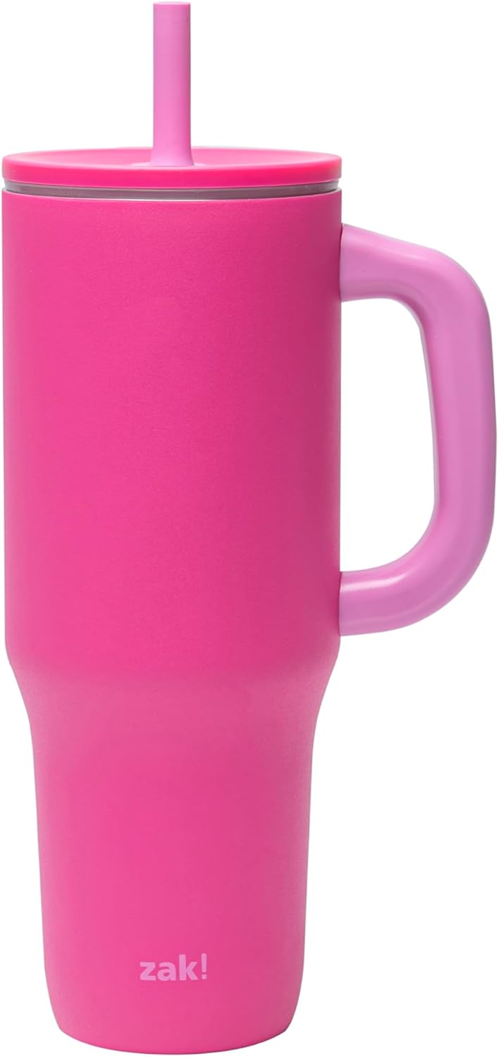 Zak Designs Disney Sutton - Vaso de viaje para llevar o en casa, acero inoxidable de 40 onzas con aislamiento al vacío, popote de silicona, asa de transporte y obras de arte 3D para bebidas frías (Minnie Mouse)