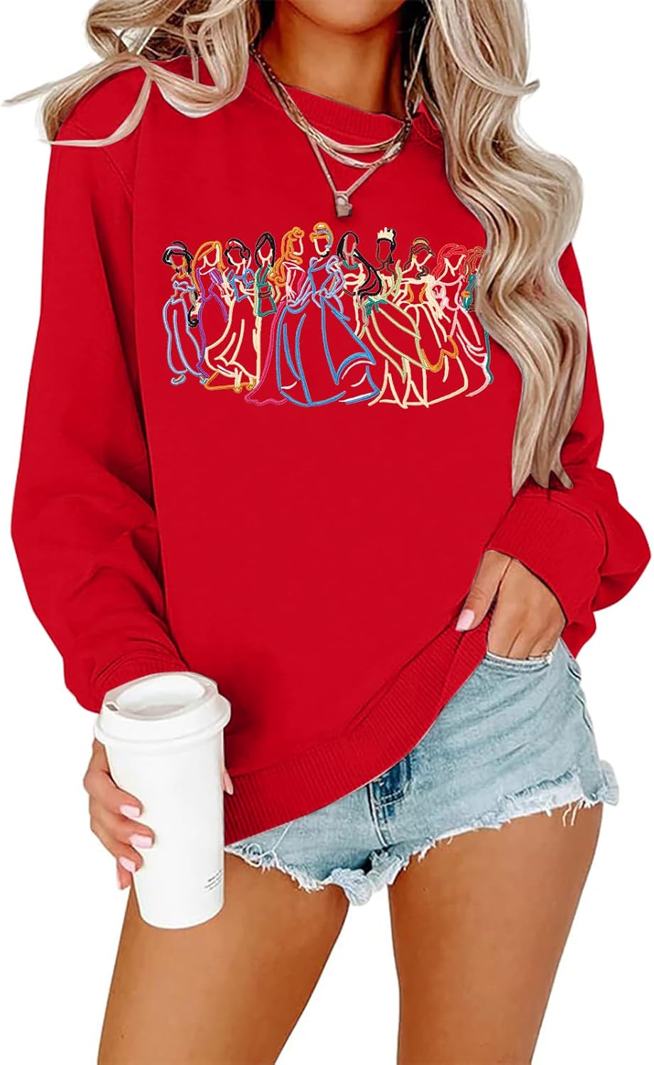 BANGELY Sudadera mágica para mujer, lindo suéter de princesa mágica bordado, camisa de vacaciones para la familia, camiseta casual de manga larga