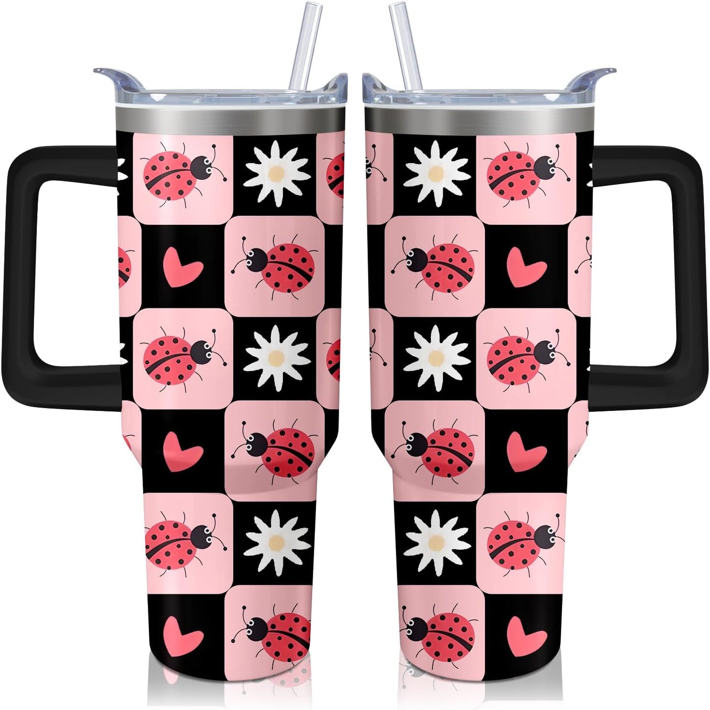 Vaso de rana de 40 onzas con asa y pajilla, taza aislada de acero inoxidable a cuadros búfalo con tapa, taza de café de viaje, botella de agua, regalos de cumpleaños para el día de la madre