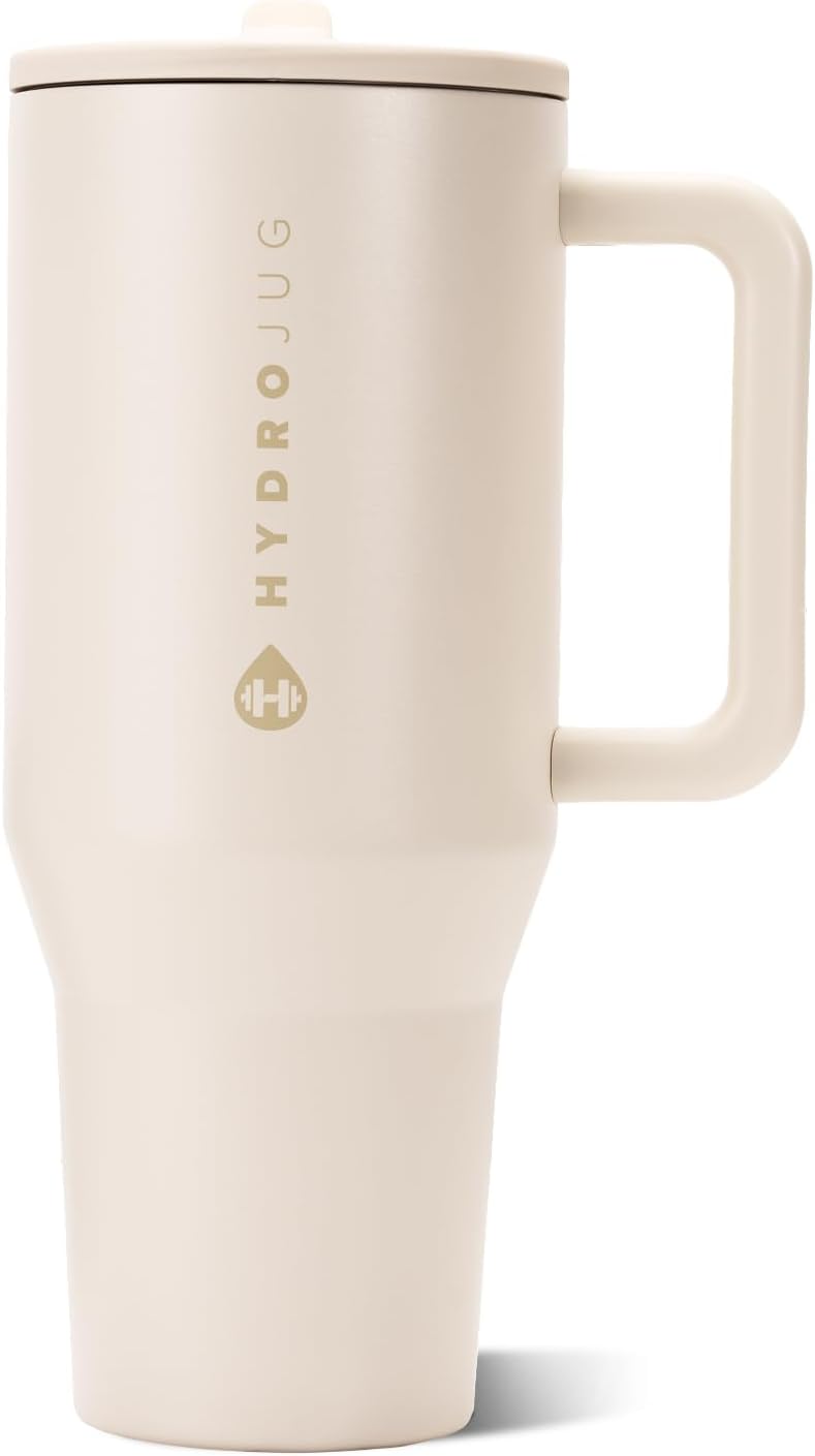 HydroJug Traveler - Botella de agua 32 oz con asa y pajilla abatible, apto para soporte para vasos, resistente a fugas, reutilizable, aislado, acero inoxidable y base de goma, unisex, rosado arena