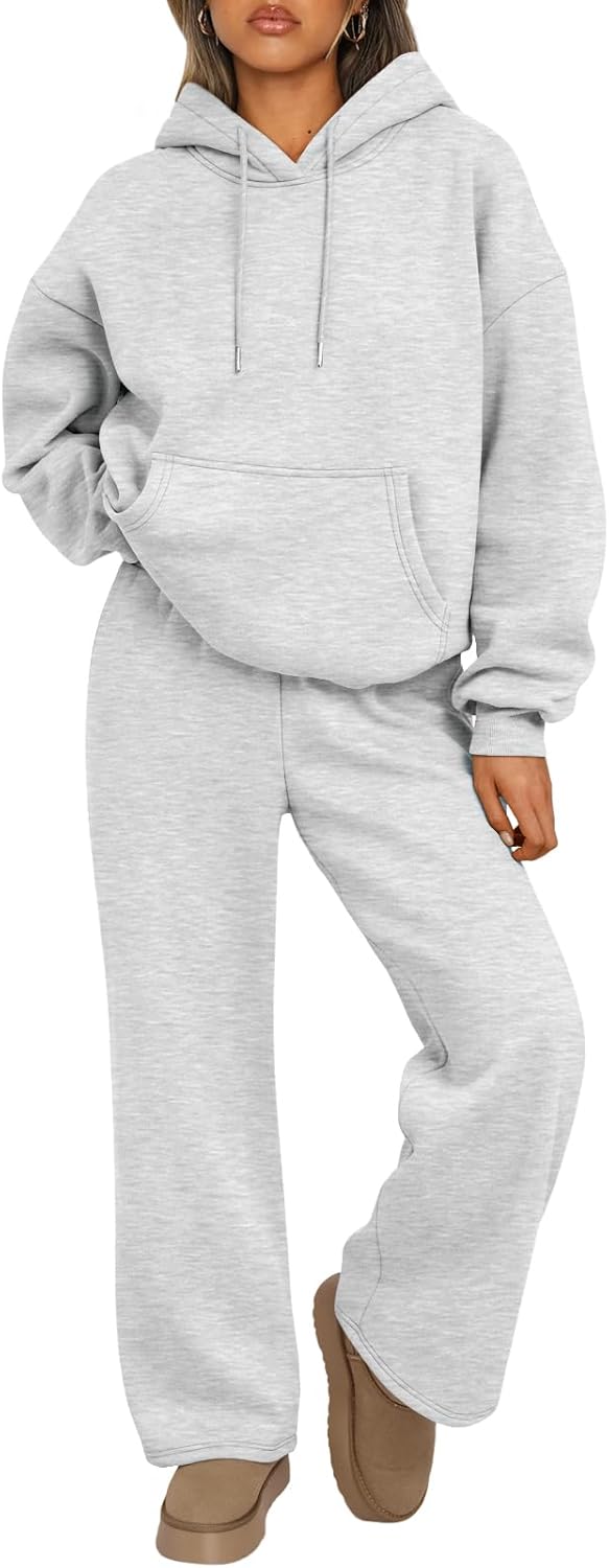 Trendy Queen Conjunto de dos piezas para mujer, ropa de descanso de otoño, conjuntos de moda con sudadera holgada y pantalones de pierna ancha, ropa de invierno | Oversized Drawstring Hoodies&Wide Leg Sweatpants Outfits