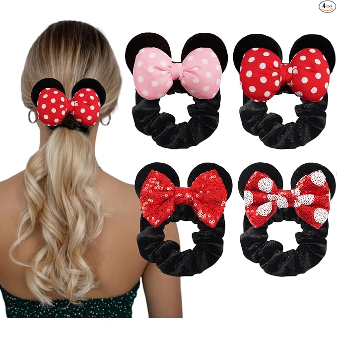 Paquete de 6 Coleteros con Orejas de Ratón, Lazos de Terciopelo con Lentejuelas Brillantes, Bandas Elásticas de Goma para Coletas, Lazos para el Cabello, Decoración para Fiesta de Navidad para Niños