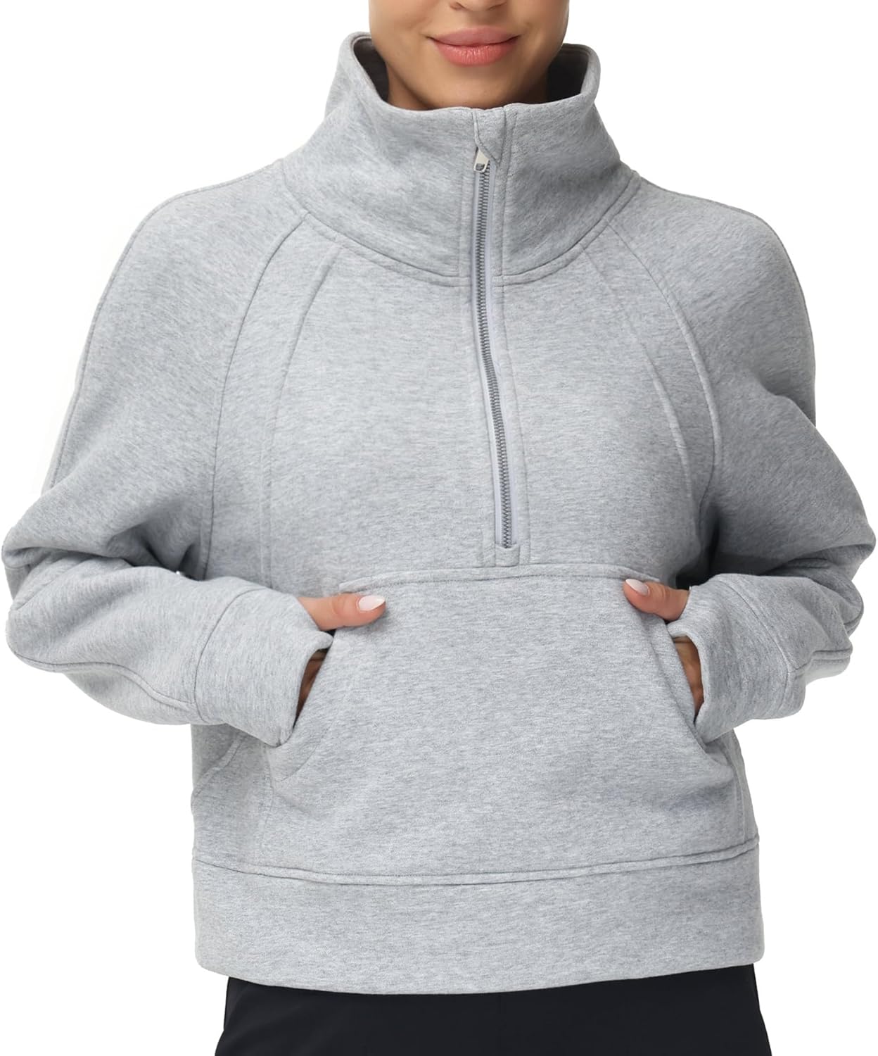THE GYM PEOPLE Sudadera corta de forro polar con media cremallera para mujer con bolsillos y agujero para el pulgar | Crop sweatshirt with thumb hole, Functional pockets, Fleece Lined, Half zip sweatshirt for work, travel
