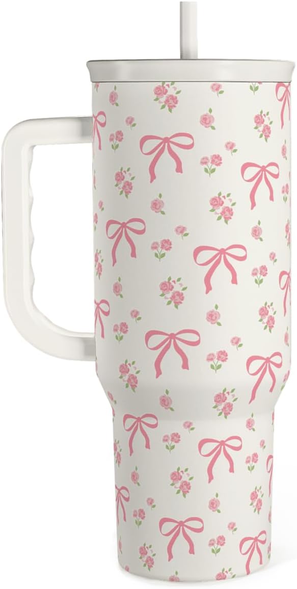 SANDJEST Vaso de 40 onzas con asa y pajilla, taza de café de viaje de acero inoxidable aislado para mujeres, niñas, amantes de la playa, idea de regalo para cumpleaños, Navidad, día de la madre, vacaciones de verano (color)